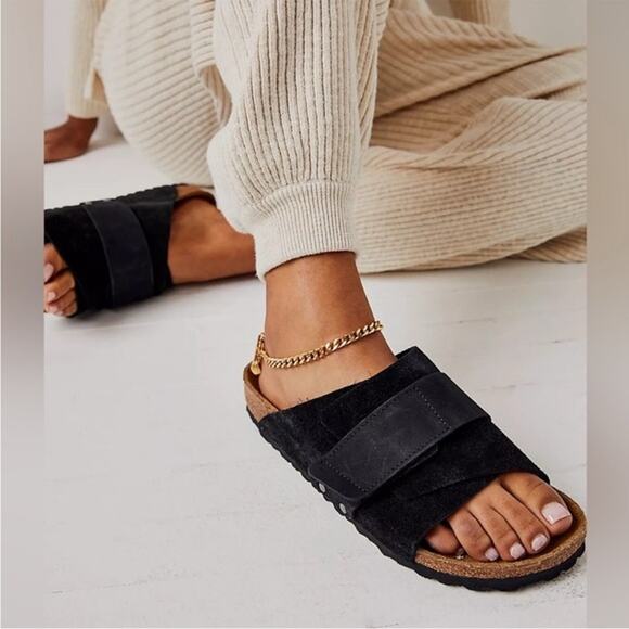 Birkenstock Kyoto Shearling Suede Leather Slide Sandals Black 43 / W M10 - Picture 1 of 9